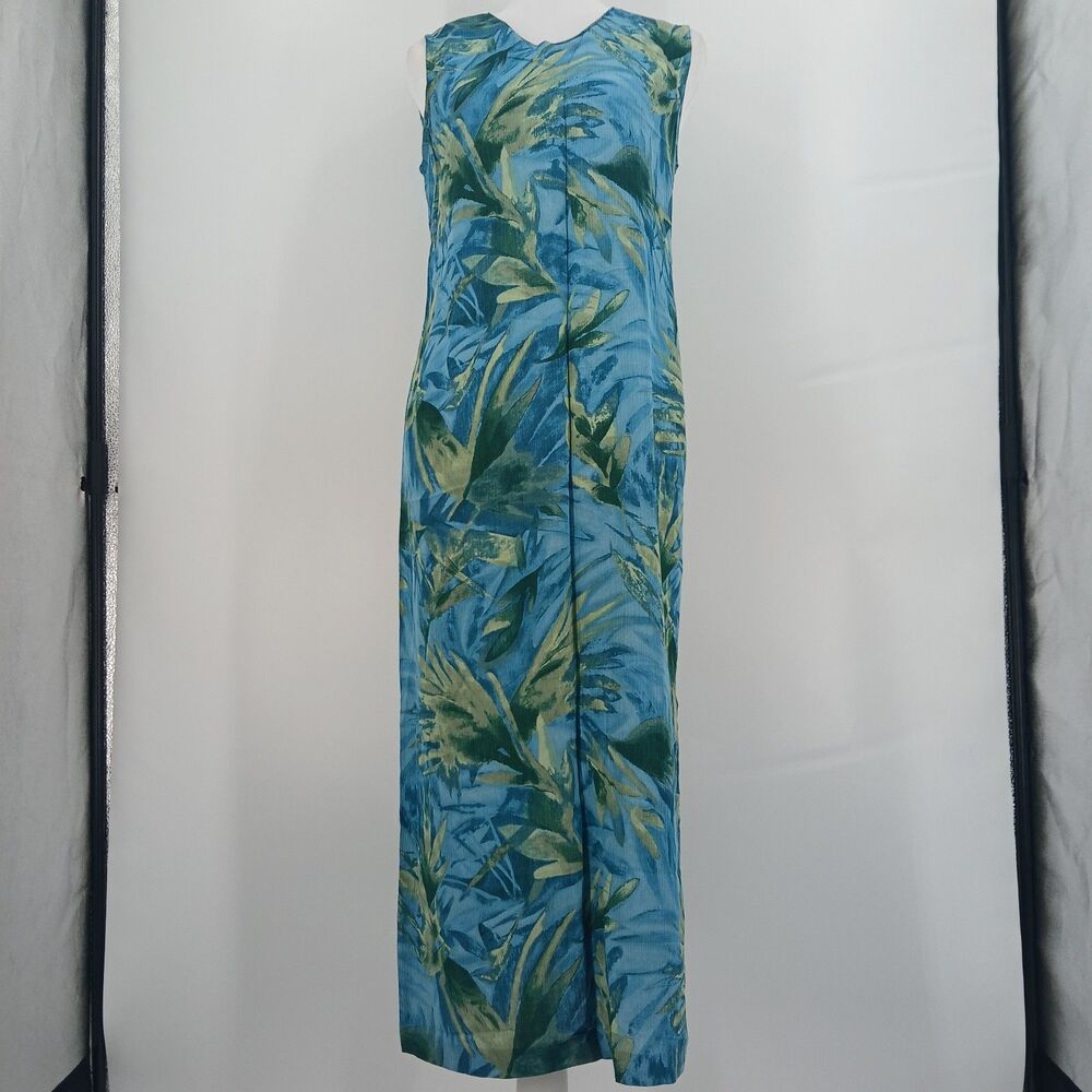Vintage 90s Norton McNaughton Maxi Dress Womens SP Blue Floral Tropical Resort